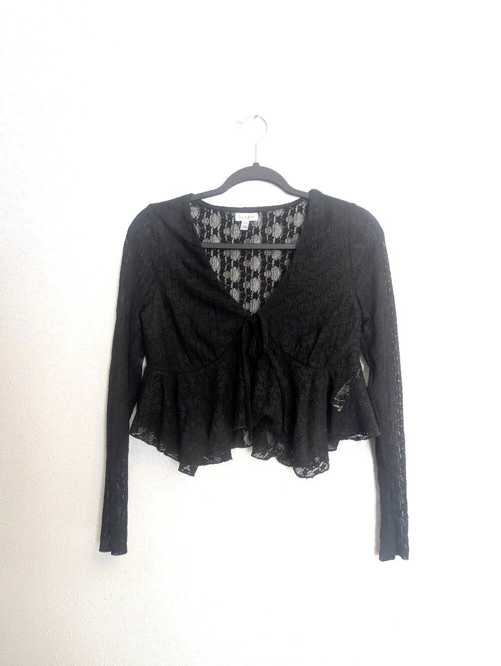 Love, Fire Black Lace Peplum Babydoll Cardigan Top Tie Front Sheer Lace Medium